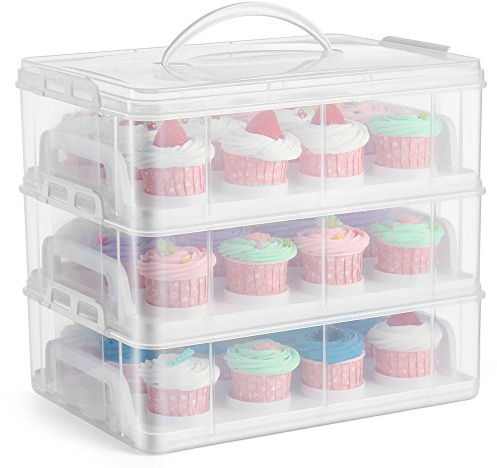 Flexzion 36 Cupcake Carrier 3 Tier Stackable Storage Container Collapsible Cake Carrier with Lid and Handle, Reusable Rectangular Plastic Dessert Travel Container, Display Holder Transport Box (Clear)