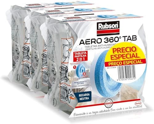 Rubson AERO 360º Set de tabletas de recambio de olor neutro, absorbe humedad y neutraliza malos olores, recambios para deshumidificador recargable, 3 tabletas de 450 g