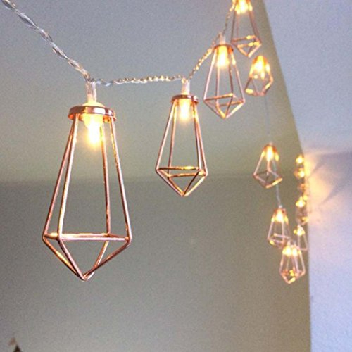 Amants01 10ft 20 LEDs Rose Gold Geometric Metal Diamond Shape Copper Wire Fairy String LightsWater Drop Metal Cage String Lights Battery Operated for ChirstmasWedding Garden Home Decor.