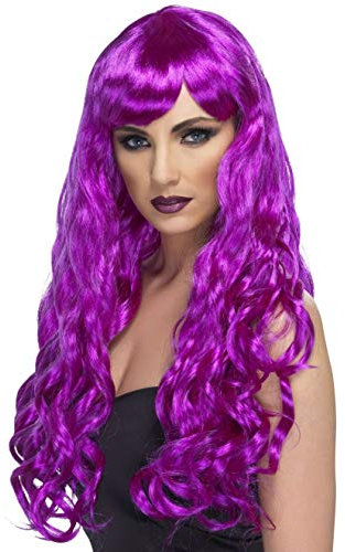 Fancy Dress World Perücke für Erwachsene und Damen, Violett, lang, gelockt, mit Fransen, 42110, tolles Accessoire für jeden Anlass und Kostüm.