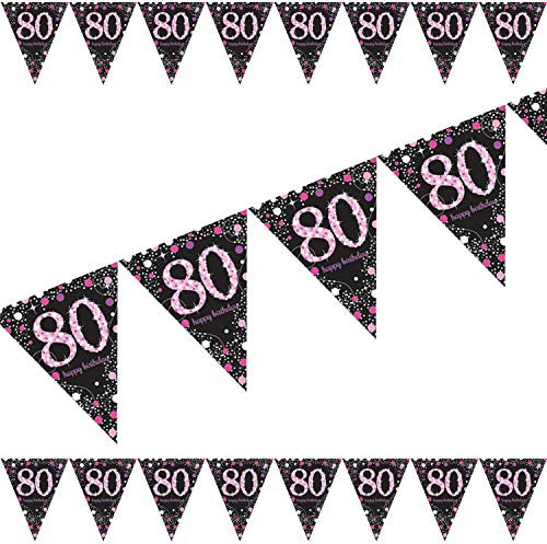 Carpeta: 4m Wimpelkette * Zahl 80 * in Pink-Silber-Schwarz | Metallic-Glitzer-Deko zum 80. Geburtstag oder Jubiläum | Sparkling Dekoration Oma Senioren
