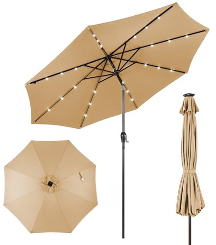 COSTWAY Parasol de Jardin Extérieur Ø 300 CM, Inclinaison et Manivelle, 24 Lumières LED, Parasol Balcon Solaire sans Pied, 8 Baleines Robustes, Toile Ventilée, pour Jardin Piscine Terrasse(Beige)