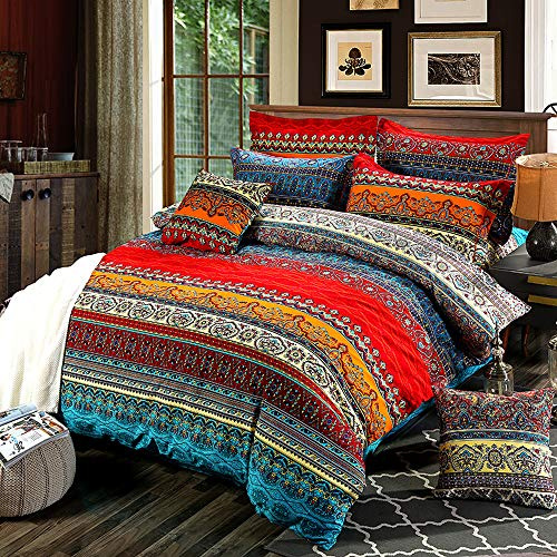Loussiesd Buntem Blumen Boho-Stil Bettwäsche Set 3 teiligs Indischen Exotischen Ethnischen Mandala Betten Set mit 2 Kissenbezug Super Microfaser Bettbezug Bohemian, Pärchen 200x200 cm + 80x80 cm
