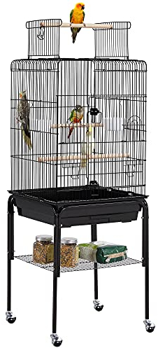 Yaheetech Parrot Cage Bird Cage Open Play Top Budgie Cage with Detachable Stand for Mid-Sized Cockatiel Sun Parakeet Green Cheek Conure Black
