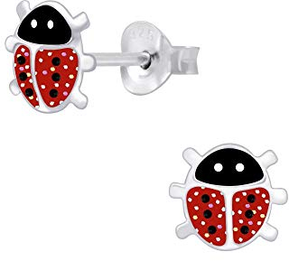 Laimons Mädchen-Ohrstecker Marienkäfer 6mm Schwarz,Weiß,Rot Glitzer Sterling Silber 925
