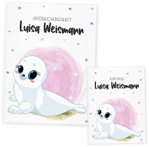 U Heft und Impfpass Hülle Set Babytiere (Uheft Set personalisiert, Robbe Rosa)