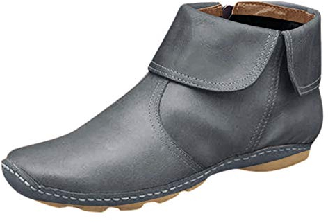 Stiefel Frauen Mode Flats Rutschfester Lederreißverschluss runde Zehen Freizeitschuhe Knöchel (41,Grau)