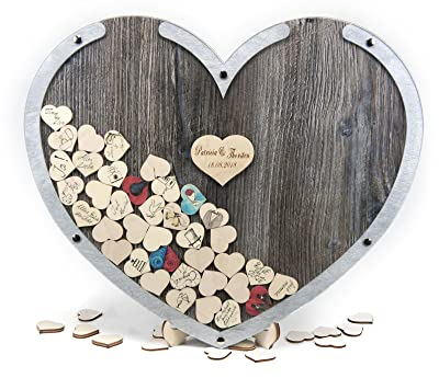 Laserano Edles Herz Hochzeitsgästebuch im Dekor Dark Oak, personalisierbar m. Wunschgravur auf 10cm Holzherz, inkl. 100 Holz-Herzchen als Einwurfherzen; Hingucker in Herzform (50x40cm) made in Germany