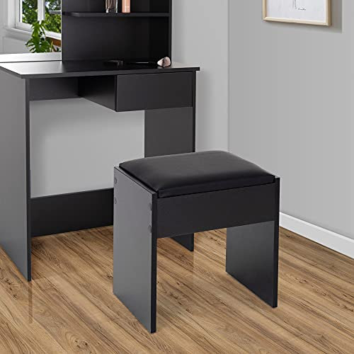 ECD Germany Tabouret de Coiffeuse, Noir, 40x43x29,5 cm, Design Élégant, Grand Confort Siege d'Assise, Banquette en Bois, Coussin Rembourré, Revêtement en Simili, Tabouret Maquillage, Banc Moderne