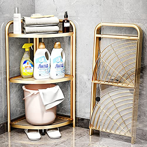 HXFENA 3 Tier Folding Storage Shelves, Floor-Standing Metal Storage Tripod, Storage Rack for Kitchen Bathroom Office Laundry, Space Saving/golden / 85x51x35cm