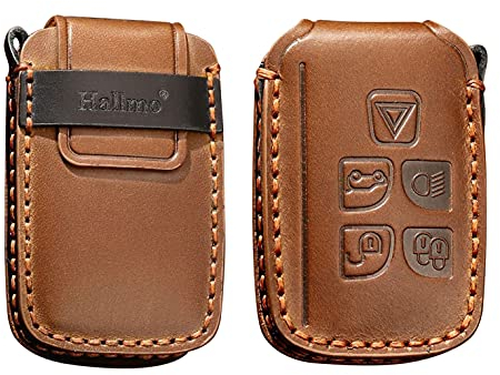 HIBEYO Smart Autoschlüssel Hülle passt für Land Rover Leder Schutzhülle Funkschlüssel Schlüsselhülle Cover für Range Rover Sport Evoque Vogue Jaguar XF XJ XE Schlüsselanhänger Schlüsselbox-A Braun