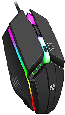 Wired Gaming Mouse , Optical USB Mice for Laptop/Desktop, 800 to 1600 3 Adjustable DPI and RGB Light, Ergonomic with 4 Programmable Buttons for Computer Windows 7/8/10/XP Vista Linux Chromebook PC