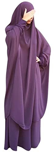IWEMEK Abaya Muslim Damen Muslimische Kleider Gebetskleidung Frauen Jilbab Khimar Kaftan Kleid Voller Länge Hijab + Rock Islamischer Afghanische Dubai Türkei Ramadan Dunkelviolett Einheitsgröße
