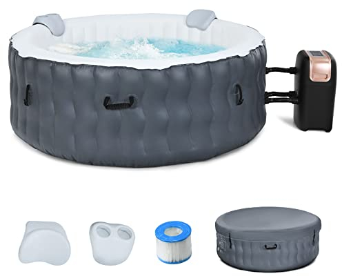 GOPLUS Aufblasbarer Massagepool für 2-4 Personen, Indoor & Outdoor Beheitzter Pool mit 108 Massagedüsen, Filtersystem, Abdeckung, Massagepool für Bubble Spa, 180 x 68 cm (mit Kopfstütze, Grau)