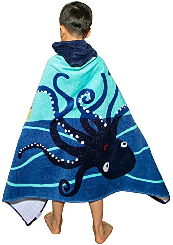 Toallas de Baño Bebé Toallas de Playa para Niños Poncho con Capucha 100% Algodón Toalla Piscina de 2-7 años, 76 * 127cm, Calamar