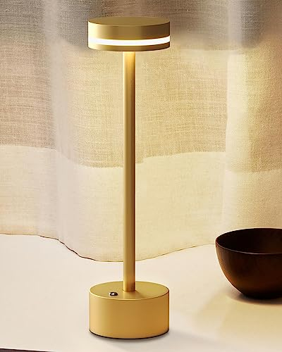 FUNTAPHANTA LED Battery Operated Cordless Table Lamp with Touch Sensor, Aluminum Lamp Body, 3 Level Dimming, 4000mAh Rechargeable Battery, 3000K Warm Light, for Dining Table (Gold)