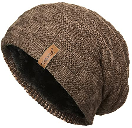 TOSKATOK® Mens Unisex Warm Winter Textured Knit Thermal Insulation Slouch Beanie hat with Cosy Faux Fur Teddy Fleece Liner