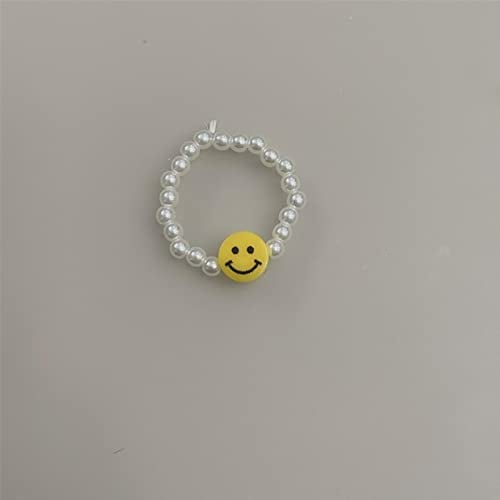 PUYYDS Neue minimalistische Multi Bead Simulierte Perle Smiley Gesicht Geometrische Ringe für Frauen Finger Schmuck Verstellbarer Elastischer Ring