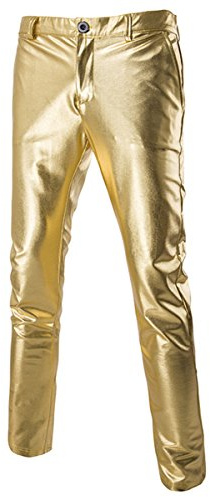 Sliktaa Men Metallic PU Leather Trousers Straight Club Pants | PU leather look straight cut zip button fastening side and back pockets for nightclub outfits stage shows and streetwear