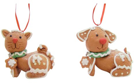 Gingerbread Cat and Dog Christmas Ornaments, Set of 2, Holiday Décor, Tree Hanging Ornaments, 2.25 Inches
