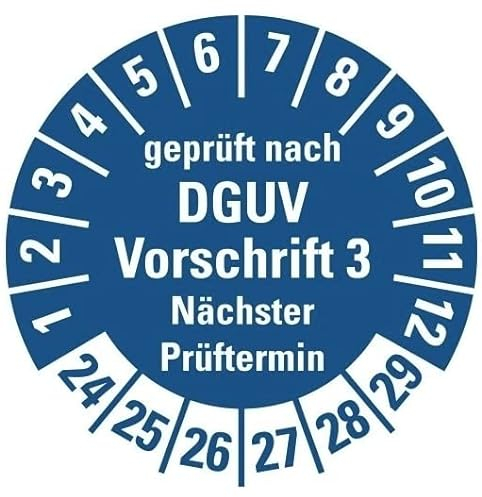 100 Stück – Mehrjahresprüfplakette „geprüft DGUV Vorschrift 3 Nächster Prüftermin 24-29“ Etikett Folie Aufkleber, blau | Ø15-40mm Made in Germany, Größe: Ø20 mm