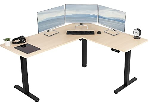 VIVO Corner Standing Desk, 63 x 55 inch Reversible L-Shaped Workstation, Electric Height Adjustment, Home, Office, and Reception Rooms, Light Wood Table Top Black Frame, DESK-E3CTBC