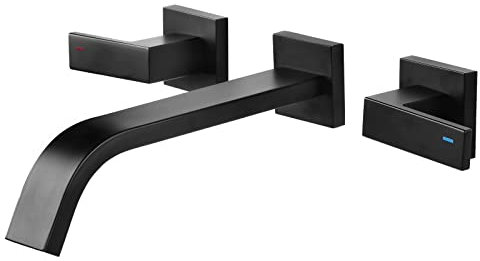 CHALIRS Robinet de salle de bain mural en laiton, noir mat, robinet d'évier mural avec double poignée à levier, valve rugueuse