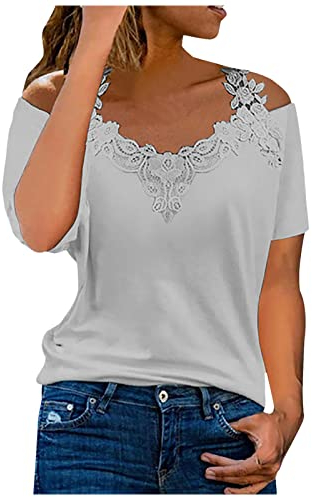 Tunika Damen Sommer Kurzarm Tshirt Modische Spitzenbesatz Bluse Schulterfreies V-Ausschnitt Shirt Floralem Schmetterlingsdruck Oberteile Sexy Schnürung T-Shirt Slim Fit Tops Partywear S-5XL