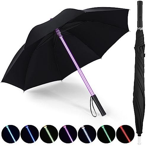 Sanwuta LED Umbrella Laser Sword Light up Umbrella with 7 Color Changing Effects Long Handle Straight Stick Umbrella Parasol 8 Rib Windproof Golf Umbrella with Flashlight Handle for Men Women Elder