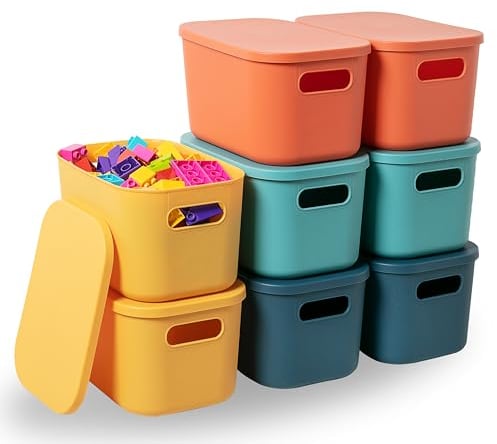HapiLeap Storage Boxes With Lids, Stackable Plastic Storage Baskets for Shelves Kitchen Bathroom Playroom Classroom Office Nursery (Small (8 PCS))