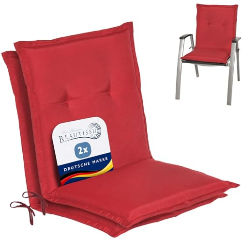Beautissu 2er Set Niedriglehner Auflage Gartenstuhl mit Schaumkern Füllung | 100x50x6cm Rot Sitzkissen Rückenkissen niedrig Stuhlkissen Kissen Niederlehner Niederlehnerauflage Gartenstuhlpolster Loft NL