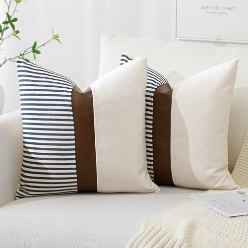 Artscope 2er Set Streifen Kissenbezüge Boho Kissenhülle Leinen Kissenbezug mit Braunes Kunstleder Sofakissen Geometrische Dekokissen für Sofa Büro Couch Schlafzimmer Wohnzimmer 60x60cm Dunkel Blau
