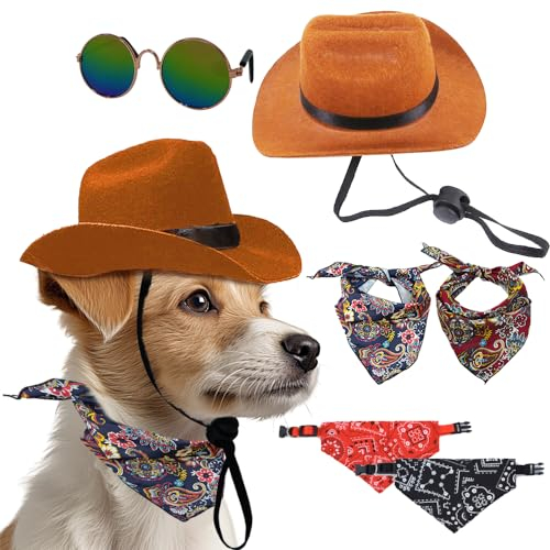 Vercico 6PCS Cowboy Kostüm für Hunde Katzen, Halloween Cowboy Cosplay Haustierkostüm Hunde Cowboy Hut Halstuch mit Sonnenbrille Bandana verstellbar dreieckig…