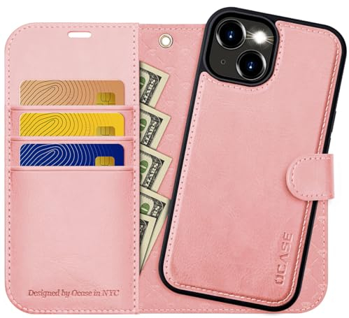 OCASE Cover iPhone 15 Rimovibile 2 in 1, Custodia iPhone 15 [RFID Blocking] [Carta Fessura] [Supporto Stand] Interno TPU Antiurto Portafoglio per iPhone 15 (6,1 Pollici) - Rosa