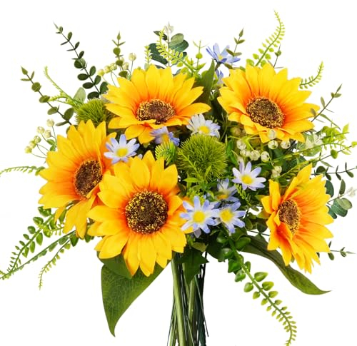 HUAESIN Künstliche Sonnenblumensträuße, Frühlings-Seiden-Sonnenblumen in Vase, Sommerblumen, Blumenstrauß, Blumenarrangements für Zuhause, Küche, Tisch, Tafelaufsätze, Hochzeit, Party-Dekoration
