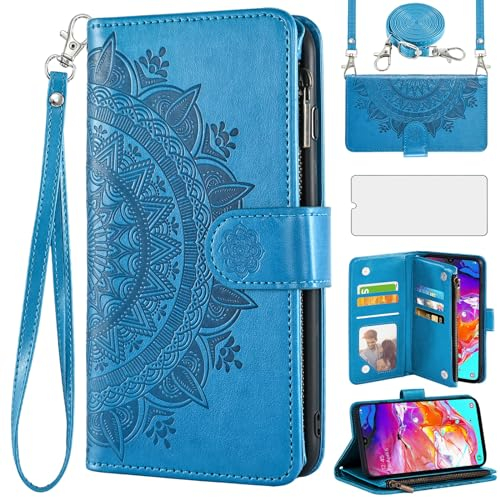 Asuwish Coque pour Samsung Galaxy A70 A70S Portefeuille avec Verre Trempé et Cordon Porte Carte Chaine PU Cuir à Clapet Protection Mandala Étui Housse Support A 70 S 70A S70 Téléphone Case Femme Bleu