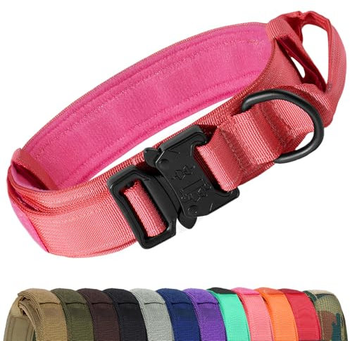 Joytale Collier Chien Tactique, Réglable Collier pour Chien avec poignée pour Chiens de Taille Moyenne Collier de Chien de 3,8 cm de Large Collier de Chien en Nylon, Rose Vif, M