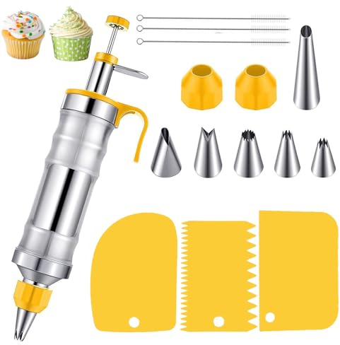 Siringa per decorazione dessert, siringa da dessert in acciaio inox, kit di strumenti da forno, siringa per pasticceria e glassa, strumenti per glassare con 6 ugelli per glassa, raschietto per crema