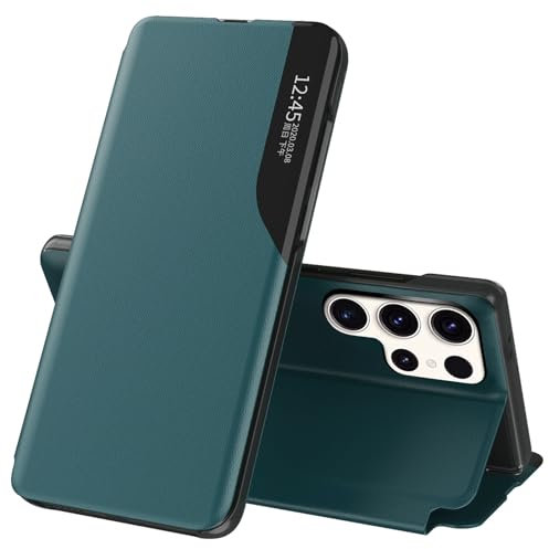 Handyhülle für Samsung Galaxy S24 Ultra Hülle Clear View Klappbar Leder Flip Klapphülle für Samsung S24 Ultra Case mit Ständer Stoßfest Kratzfest Schutzhülle Galaxy S24 Ultra Hülle 5G (Grün)