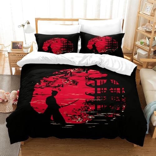 PORJDN Bettwäsche Set Japanischen Stil Romantisches Thema Japanischer Samurai Trösterbezug Set Botanischer Blumenzweig Bedruckter Kissenbezug 65x65cm (Style A, 140x200cm)