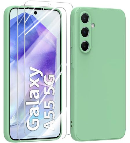 MIKULLE Cover in Silicone per Samsung Galaxy A55 5G con 2 Pellicola Vetro Temperato, Custodia Morbido Silicone Ultra Sottile Liquida TPU Antiurto AntiGraffio Case - Verde