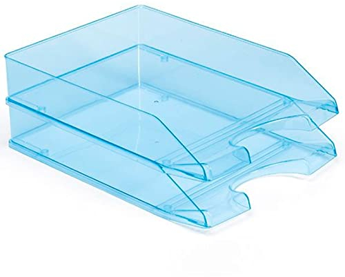 Tradineur - Pack de 2 bandejas apilables de Oficina, plástico Transparente, Organizador Documentos A4, revistas, folletos, sobremesa, Escritorio, Fabricado en España (Azul - 35 x 25,5 x 6,5 cm)
