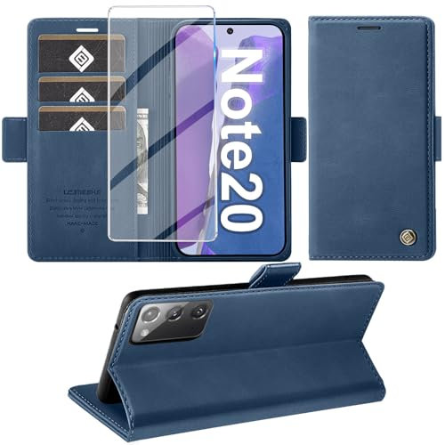 Giyer Handyhülle für Samsung Galaxy Note 20 Hülle mit Schutzfolie, Schutzhülle Galaxy Note 20 5G PU Leder Wallet Flip Case Standfunktion Kartenfach Klapphülle für Samsung Note 20 Cover (Blau)