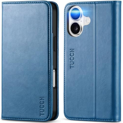 TUCCH Wallet Case for iPhone 16 (6.1) 2024, Premium PU Leather Case with[RFID Blocking][Shockproof TPU][Card Slots] Kickstand, Book Style Flip Foldable Case Compatible with iPhone 16 5G, Lake Blue