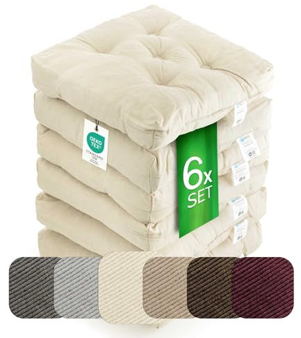 etérea Sitzkissen 42x42 cm 6er Set - Creme 8 cm hoch - Bodenkissen für Indoor, Outdoor, Küche, Garten, Auflage - Heidi Stuhlauflage - 6 Stück Stuhlkissen 40x40 cm Creme