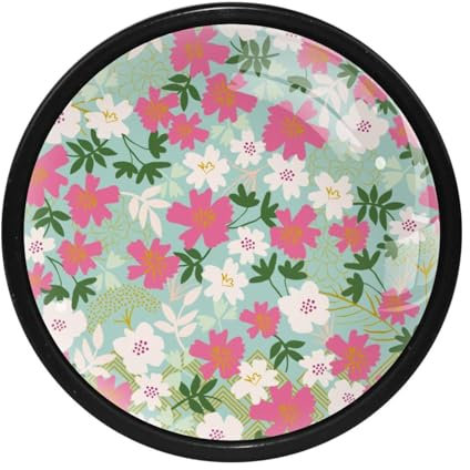 LVTISEE Lot de 4 boutons d'armoire de cuisine, poignées de tiroir rondes avec vis, quincaillerie de porte pour armoires de commode, fleurs blanches et roses