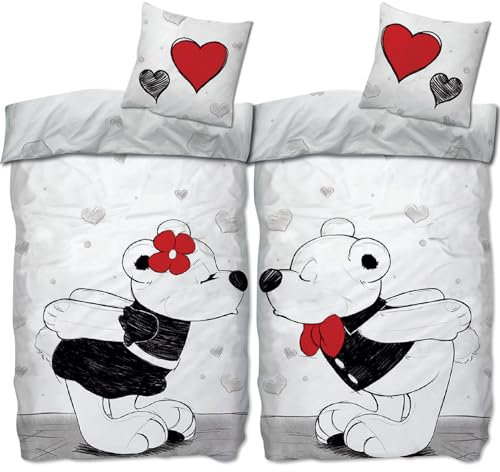 BERONAGE Bärchen Partnerbettwäsche – 2 Bettwäsche-Sets – 135 x 200 cm + 80 x 80 cm – mit romantischem Motiv – Liebe, Paar, Hochzeitsgeschenk, Valentinstag – Reißverschluss, deutsche Größe