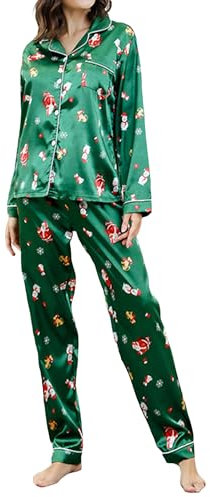 Fiacafyo Ensemble de pyjama de Noël à plumes pour femme - Manches longues - Chemise boutonnée à revers + pantalon - Pyjama 2 pièces en soie, c-vert, L