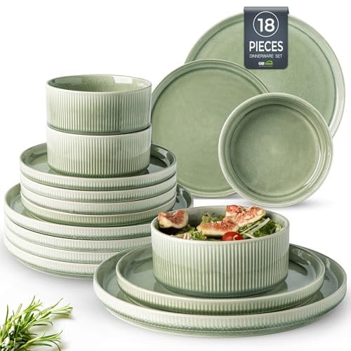 GBhome Steingut Geschirrset 6 Personen, 18-tlg Reaktive Glasur Handarbeit Steingut Geschirr Set, Mikrowellen- & Spülmaschinenfest Schüssel- und Teller Set,Ruhiges Grün