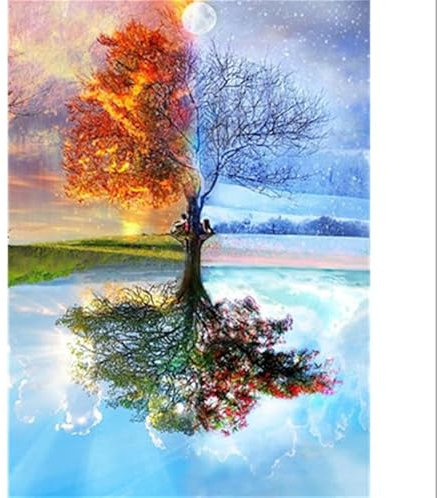 Bunter Baum Malen Nach Zahlen Erwachsene, Vier-Jahreszeiten-Baum Malen Nach Zahlen, Paint by Numbers mit Pinsel und Farben - 40×50 cm (Sans Cadre)